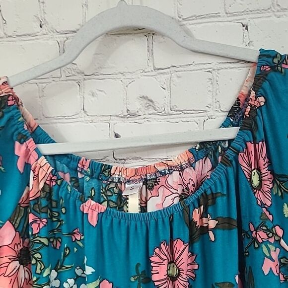 Anthropologie Uncle Frank Super Soft Teal Floral Print Ruffled Shift Midi Dress - Picture 5 of 10